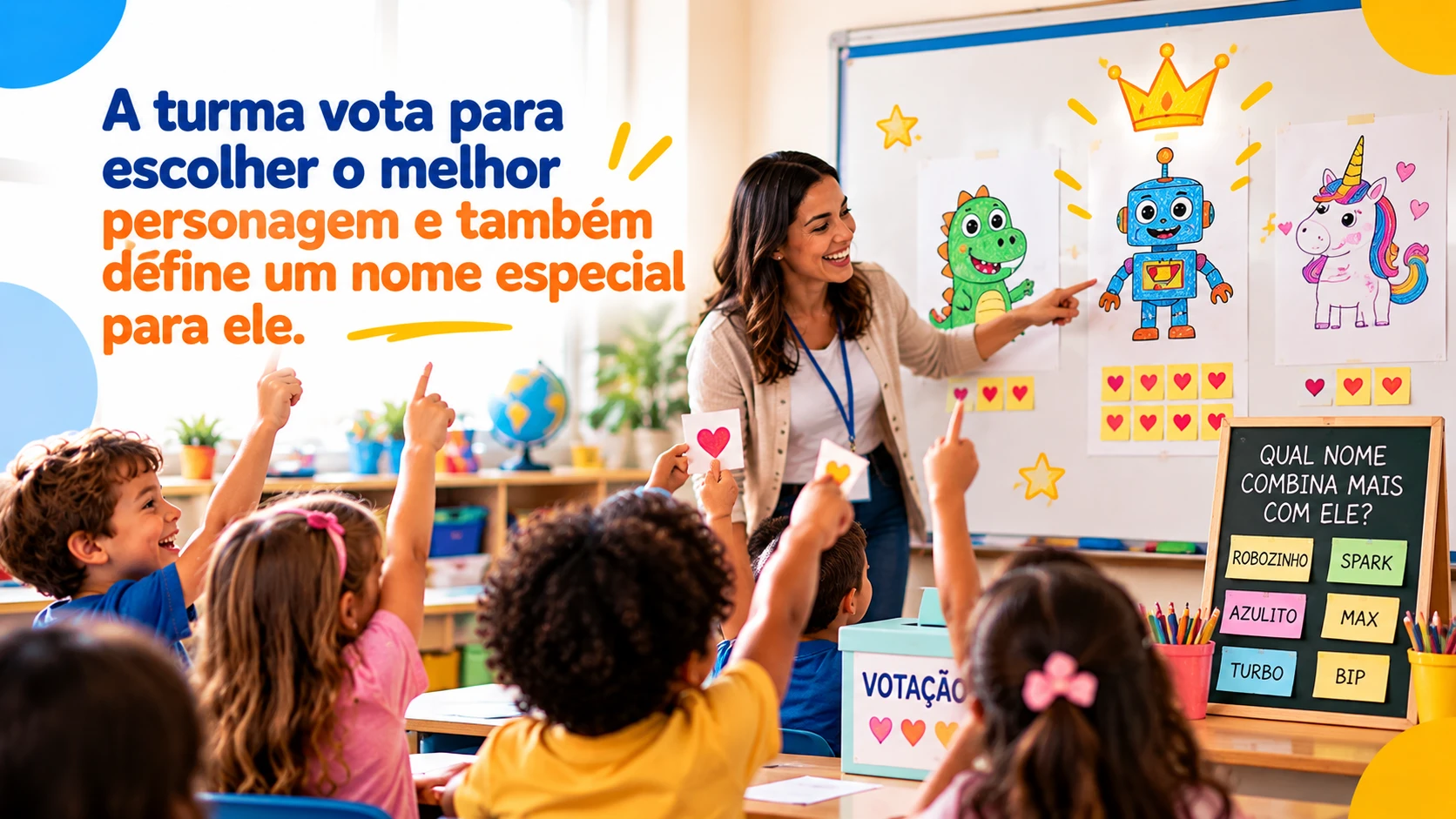 Passo 2: a turma vota para escolher o melhor personagem e também define um nome especial para ele.